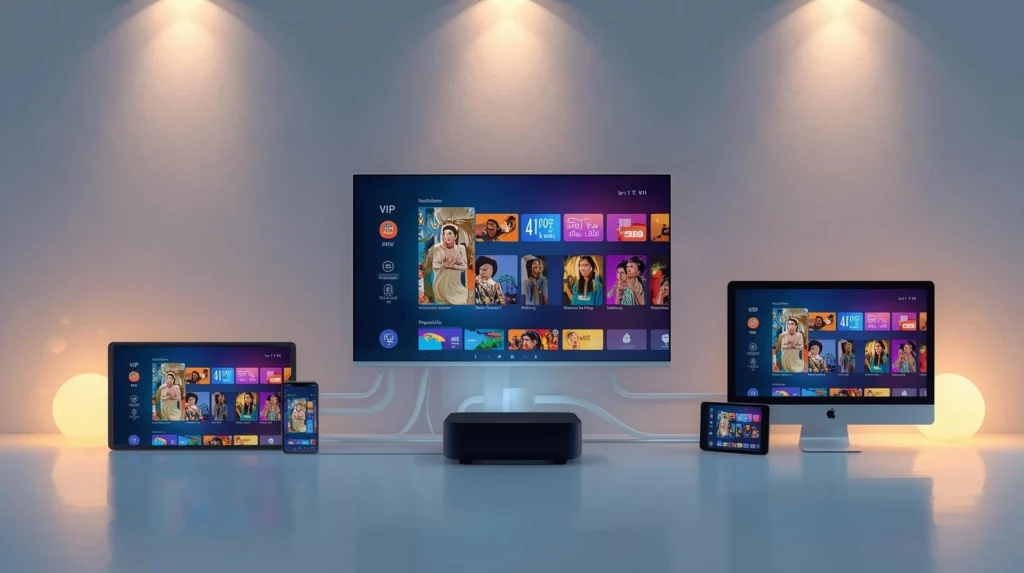 Smart TV displaying IPTV VIP channels with HD and 4K streaming options