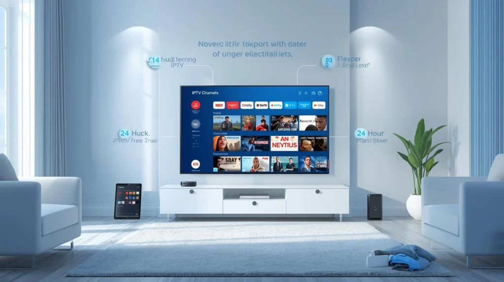 Smart TV in living room showing IPTV free trial France 2026 with Firestick and tablet devices