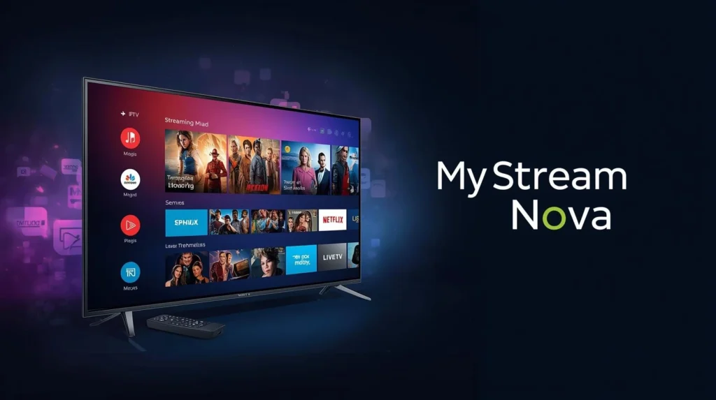 Premium IPTV 12-month subscription displayed on smart TV and mobile devices in a modern living room