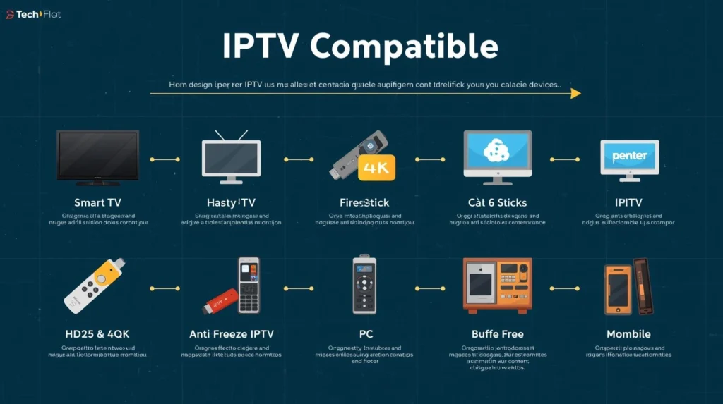 Diagram of Smart TV, Firestick, PC, and Mobile showing HD & 4K IPTV streaming quality with anti-freeze technology.