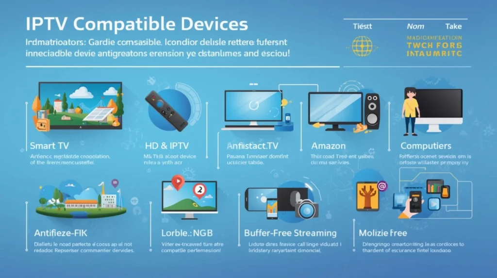 Premium IPTV 12-month subscription displayed on smart TV and mobile devices in a modern living room