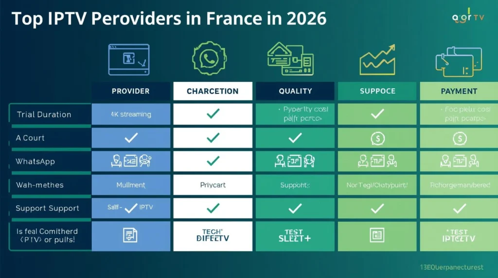 Table comparing top IPTV free trial France 2026 providers with HD and 4K streaming, support, and trial duration