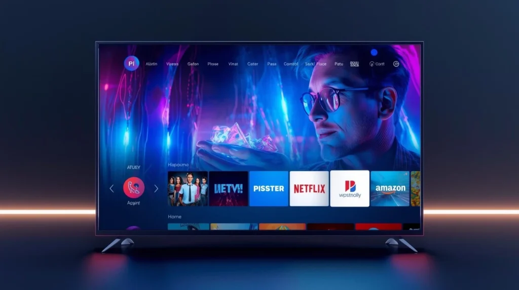 Premium IPTV 12-month subscription displayed on smart TV and mobile devices in a modern living room