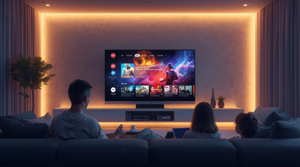 Smart TV displaying IPTV VIP channels with HD and 4K streaming options