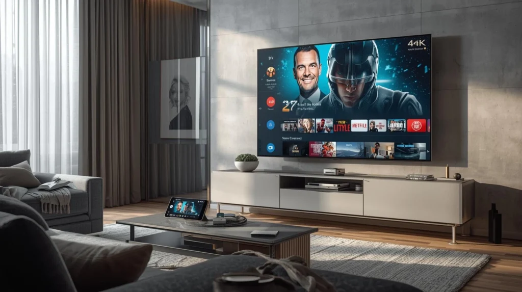 Smart TV, tablet, and smartphone streaming smoothly in 4K, illustrating stable IPTV connection.