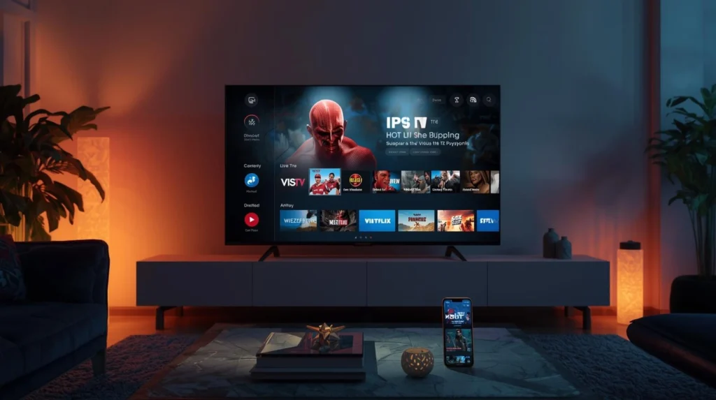 Abonnement iptv 12 moissubscription displayed on smart TV and mobile devices in a modern living room