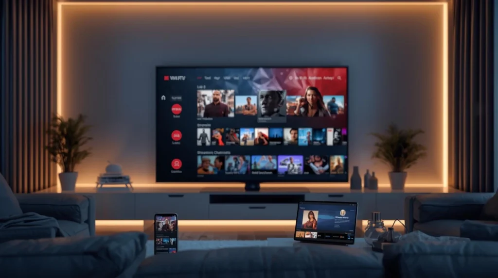 Premium IPTV 12-month subscription displayed on smart TV and mobile devices in a modern living room