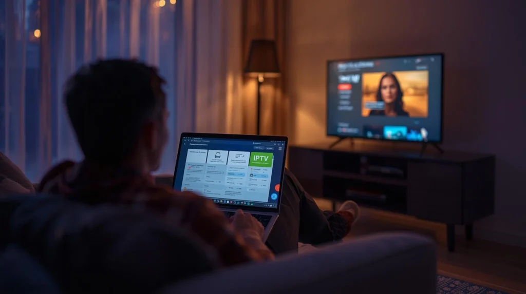 User choosing a Premier IPTV subscription on a laptop at home