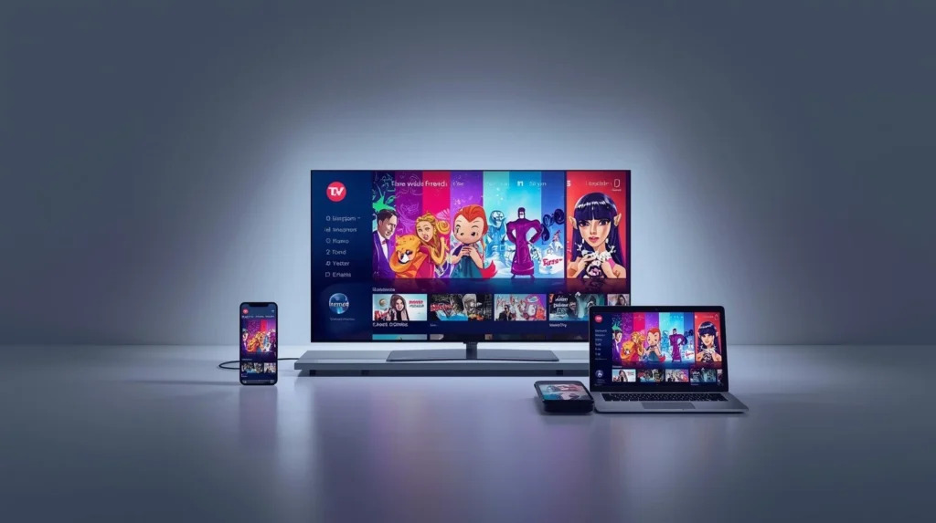 Abonnement iptv 12 moissubscription displayed on smart TV and mobile devices in a modern living room