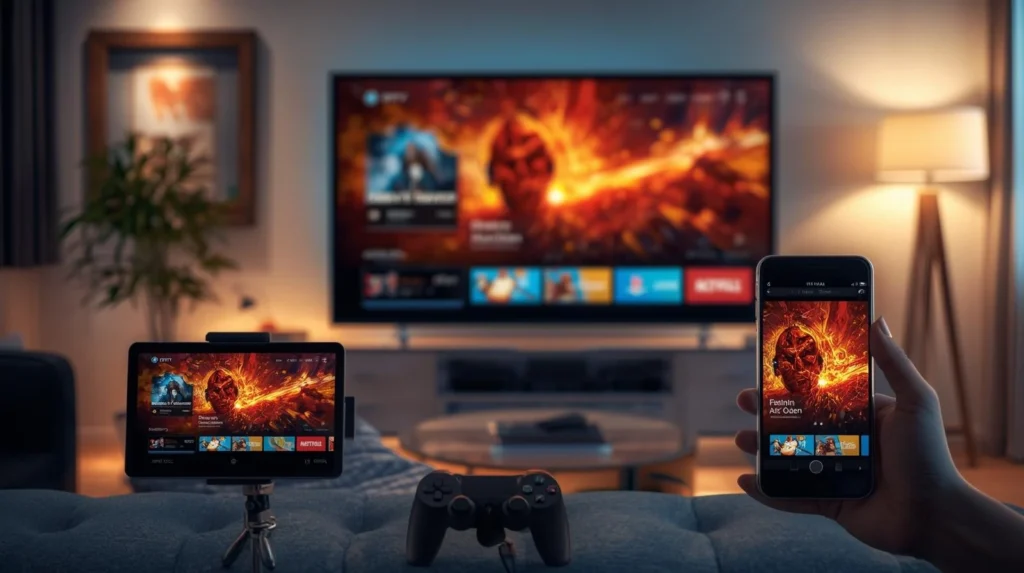 Smart TV, tablet, and smartphone streaming smoothly in 4K, illustrating stable IPTV connection.